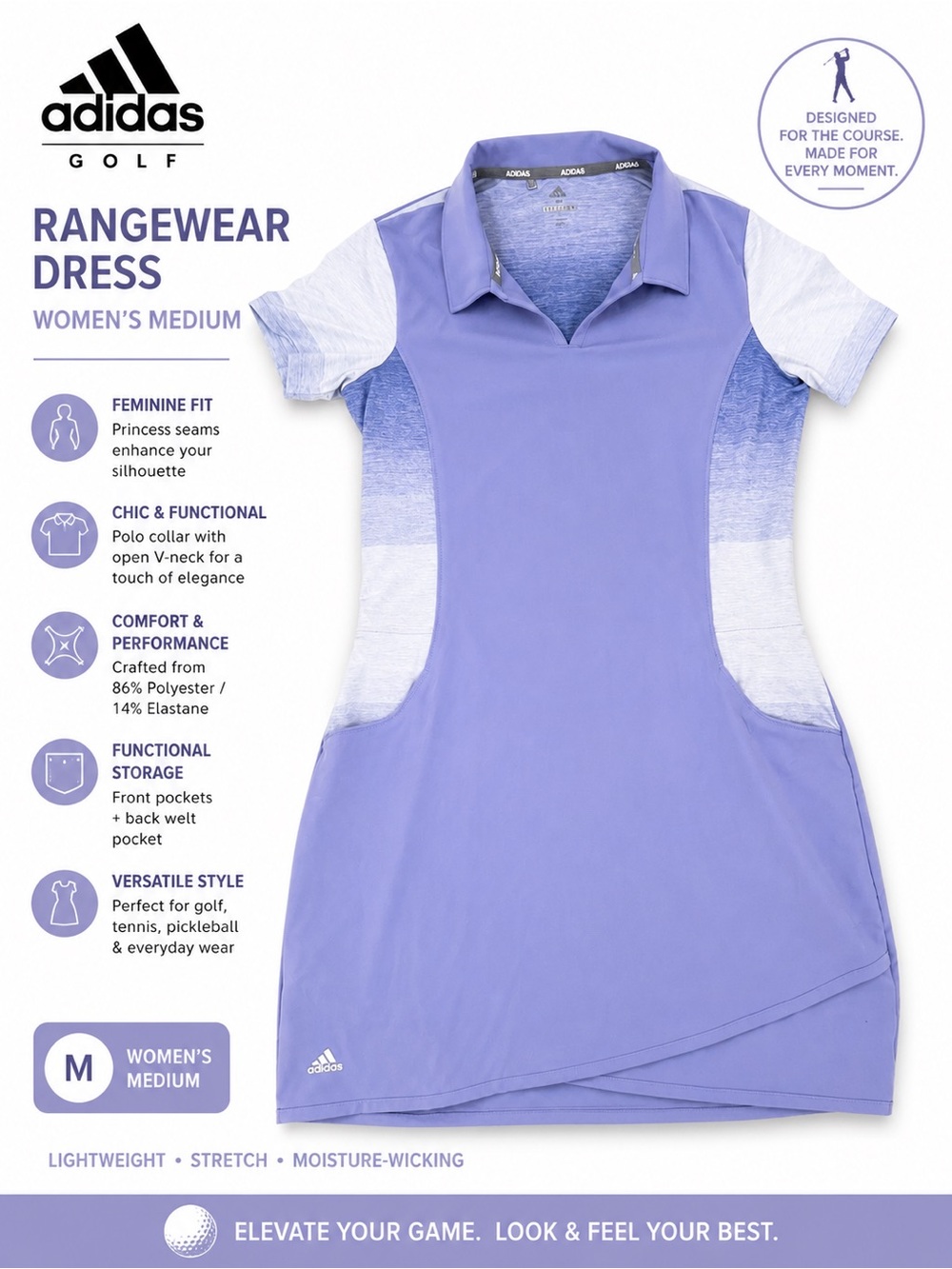 Adidas Golf Womenās Rangewear Dress Medium Purple Tennis Pickleball Athletic
